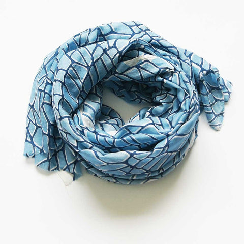 Silk Modal Large Scarf Indigo Blue Branch Block Print
