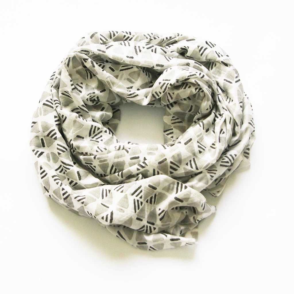 Silk Modal Large Scarf Grey Geometric Hand Block Print