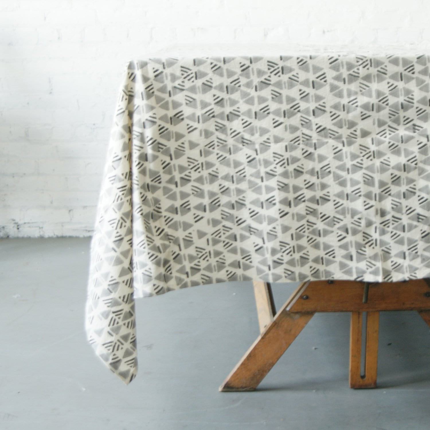 Cotton Block Print Tablecloth Grey Triangle Geometric