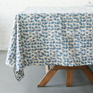 Cotton Block Print Tablecloth Indigo Blue Triangle Geometric