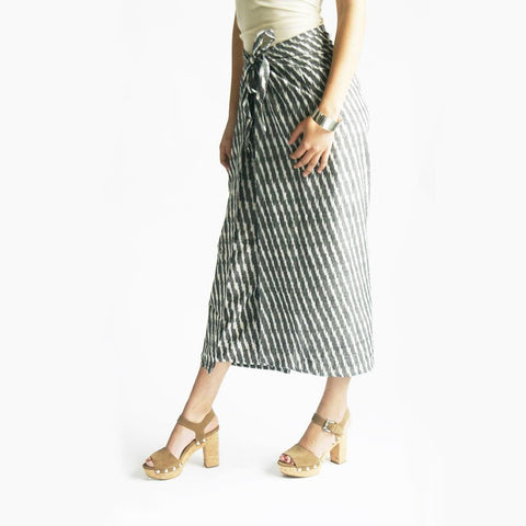 Wide Leg Cotton Palazzo Pants Grey Stripe Ikat Wrap Trousers