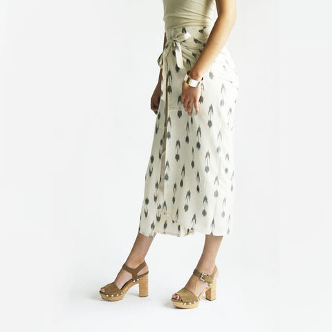 Wide Leg White Grey Tulip Ikat Wrap Palazzo Pants