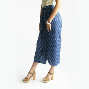 SOLD OUT Wide Leg Cotton Wrap Navy Blue Indigo Ikat Palazzo Pants