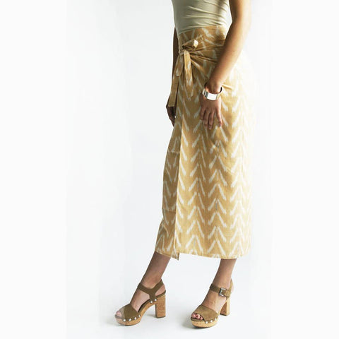 Wide Leg Cotton Wrap Beige Peach Ikat Palazzo Pants