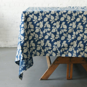 Cotton Block Print Tablecloth Indigo Blue Leaf Pattern