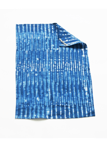Indigo Blue Stripe Tea Towel Handprinted Batik Linen Kitchen Towel